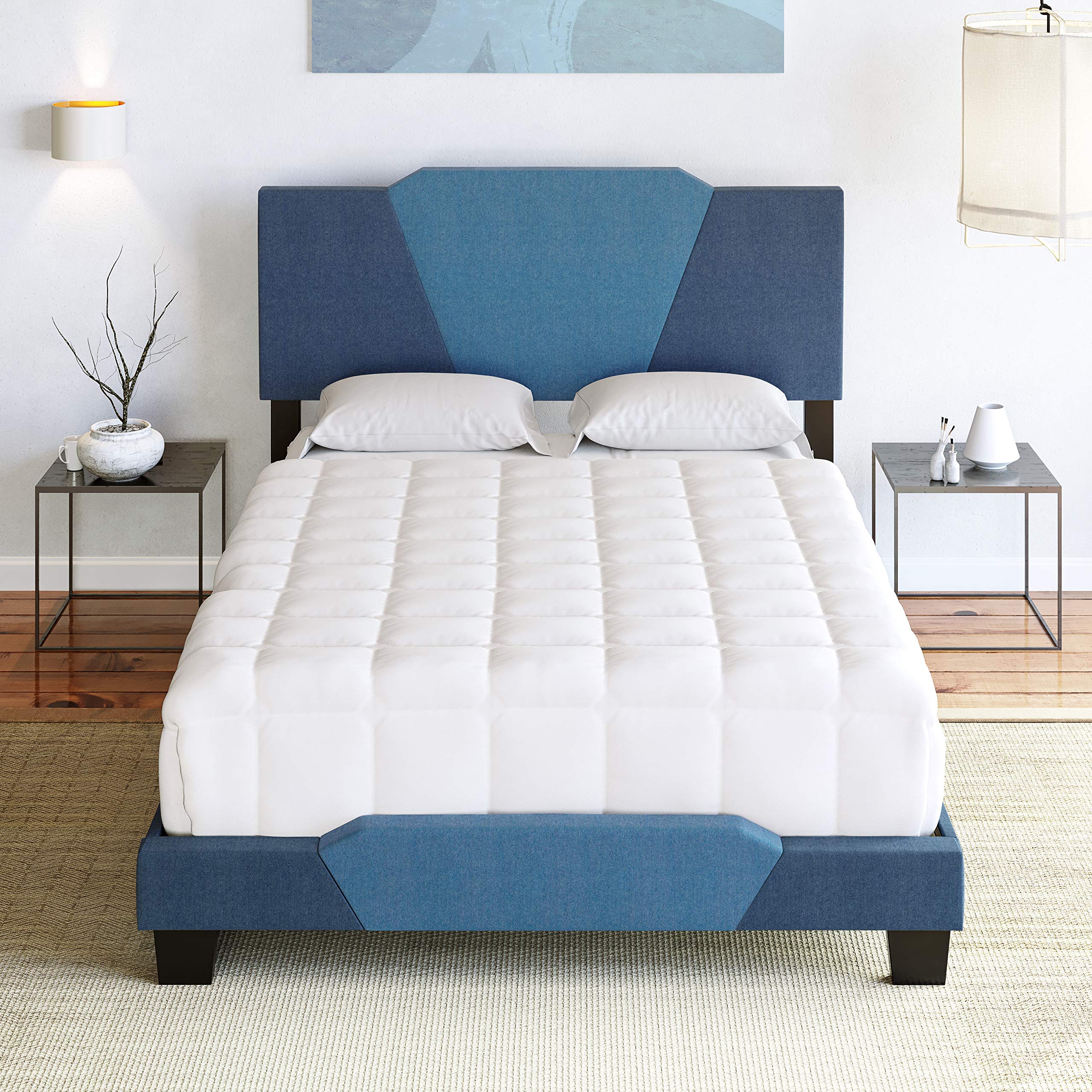 Boyd Sleep Tuscany Upholstered Platform Bed Frame Mattress Foundation With Headboard And Strong Wood Slat Supports: Linen, Ocean/Medium Blue, Queen